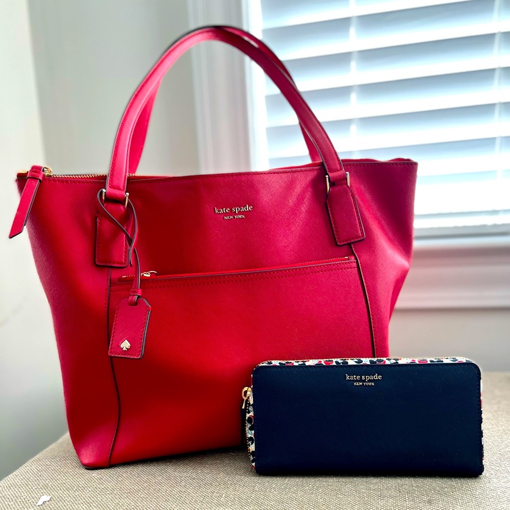 Authentic Kate Spade Red Tote Bag & Coordinating Wallet